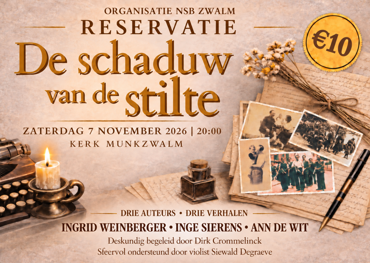 Reservatie De schaduw van de stilte — zaterdag 7 november 2026 om 20 uur in de kerk van Munkzwalm, inkom 10 euro